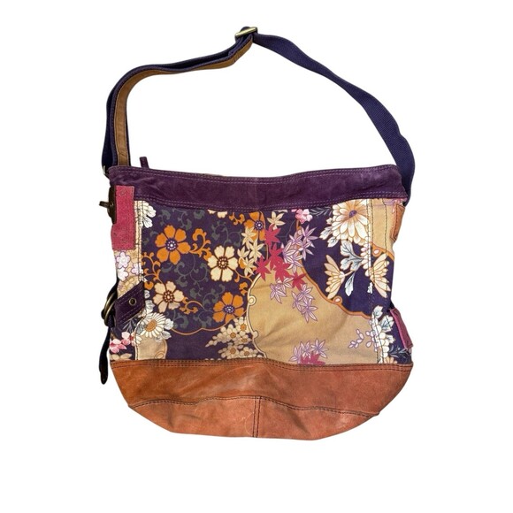 Lucky Brand Floral Canvas Suede Tote Bag Purse Hippie Boho Hobo Large Vtg Y2K - Picture 1 of 9